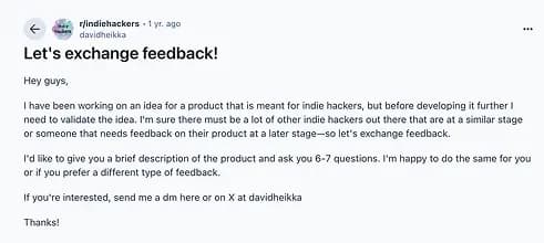 Idea validation post on Reddit